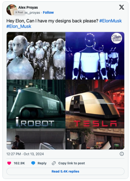 Hollywood director Alex Proyas accuses Elon Musk of copying robot and taxi designs from his 2004 film I, Robot, after Musk unveils Tesla’s Optimus robot and Cybercab.